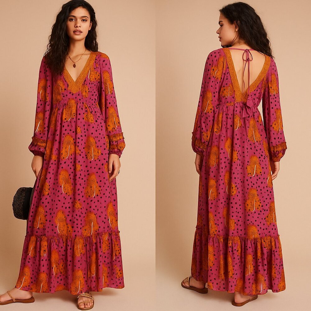 Anthropologie Farm Rio Cheetah Maxi Dress NWT Size Small Long Sleeve Boho V Neck